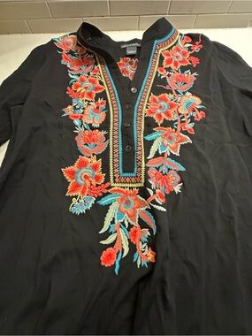 Chelsea & Theodore Black Shirt with Red and Turquoise Floral Embroidery
